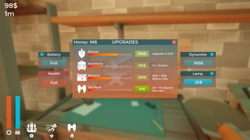 Upgrade menu, with your shovel, inventory, battery or jet pack available for upgrading. Dynamite and lights available to purchase, as well as an option to restore battery and health. Published on LadiesGamers