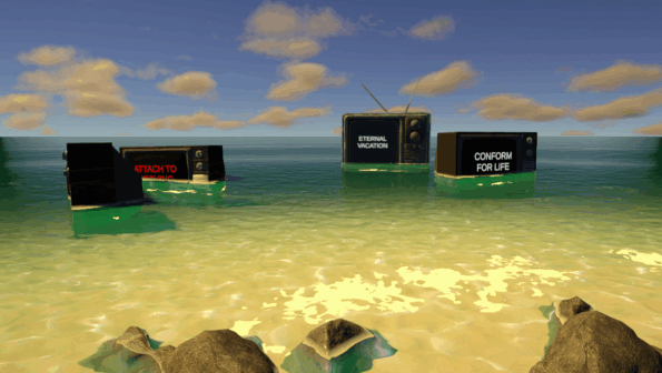 Four old television sets floating in an ocean with ominous words on them in the game Escape The Beach.