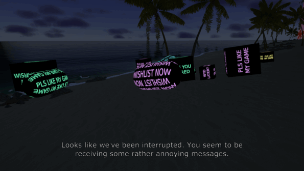 Objects on a dark beach instructing me to wishlist the game and like the game during the demo of Escape The Beach.