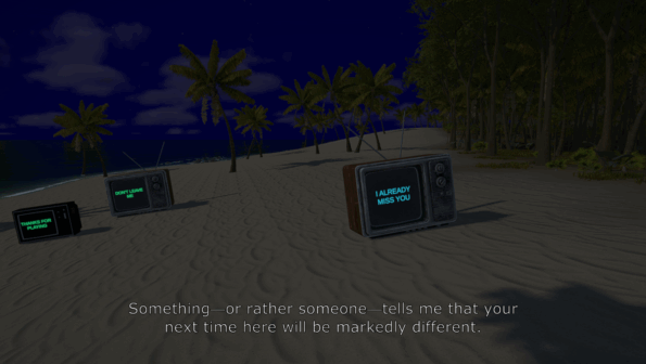 Televisions on a dark beach with sentiments like I miss you on the screen in Escape The Beach.