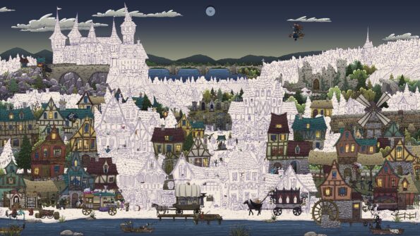 The very first level of Hidden cats in spooky village with part of the scenario arleady coloured