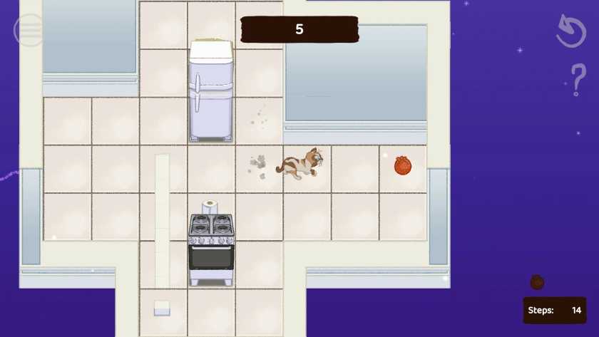 Walking across a tiled kitchen floor to get a toy in Mimi in Meowndering House.