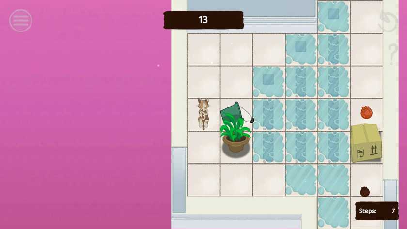Mimi walks by a potted plant and several puddles of water on the ground.