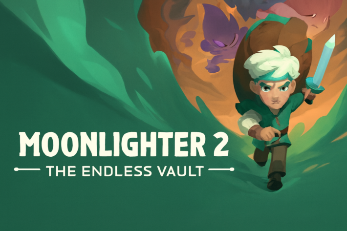 A white-haired adventurer in a green outfit runs forward with a sword and backpack, surrounded by colorful fantasy creatures emerging from a swirling cave. The title “Moonlighter 2: The Endless Vault” is displayed on the left.
