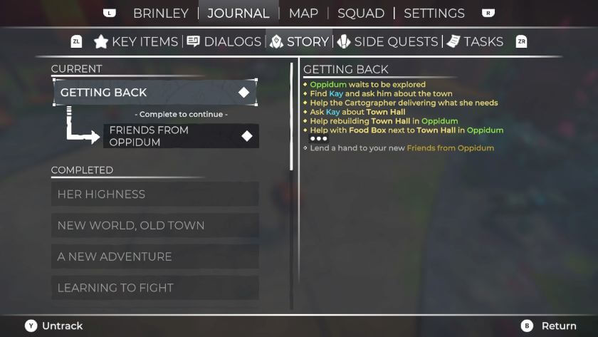Journal open on Story, showing the current quest and completed ones There is also a tab for side quests and tasks. Published on LadiesGamers