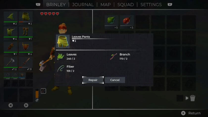 Repair menu, showing that the leaf trousers are nearly broken and will require 2 leaves, 2 branches and 2 fibre to repair. Published on LadiesGamers