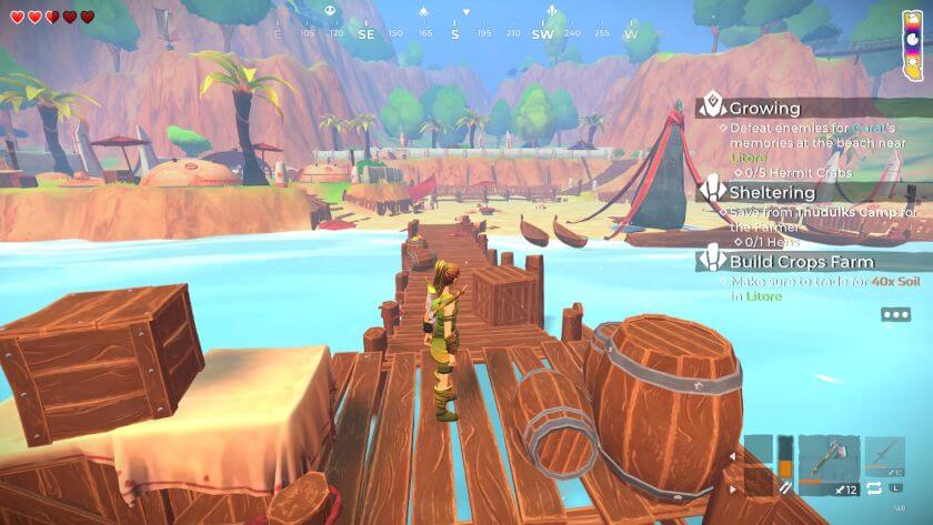 My character standing on the dock in Litore, looking at the beach with boats and palm trees. Published on LadiesGamers