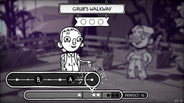 Leno playing the rhythm mini game in FIXKIN.