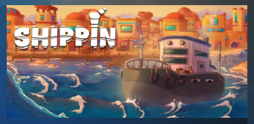 A boat in the water and the game title Shippin.