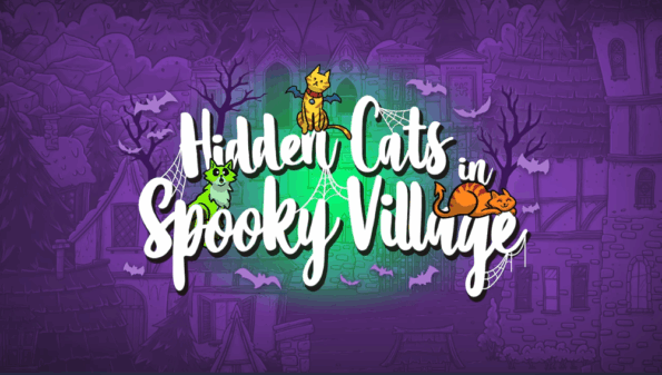 Hidden cats in spooky village logo with the title of the game and some cats