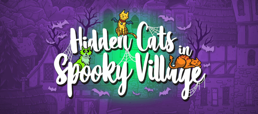 Hidden cats in spooky village logo with the title of the game and some cats