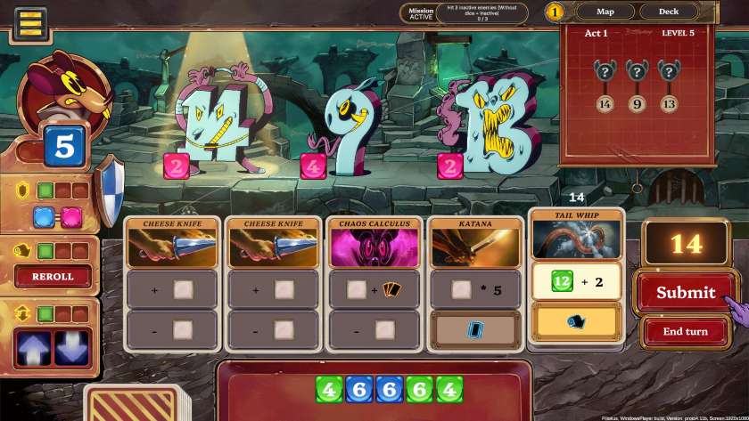 A player is battling against a 14, a 9, and a 13 with a full set of cards in Talystro.