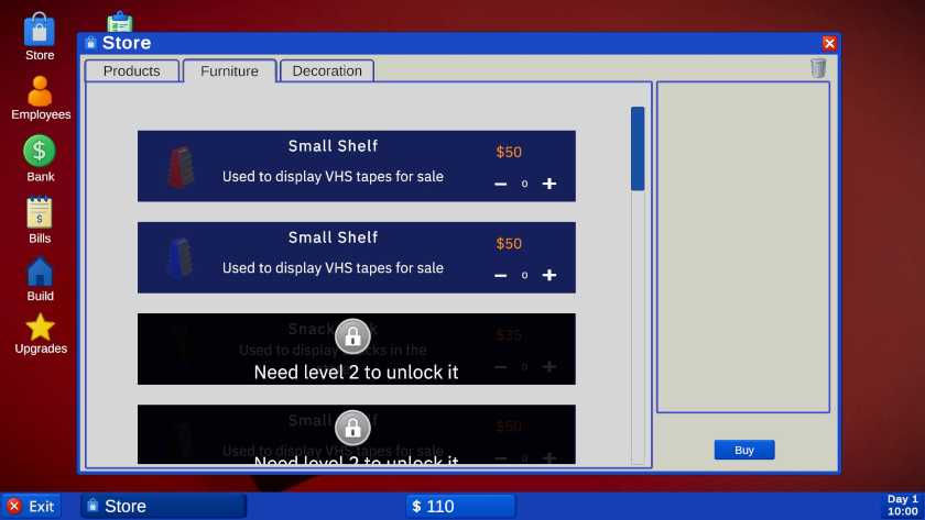 The shop menu in Videoclub Simulator.