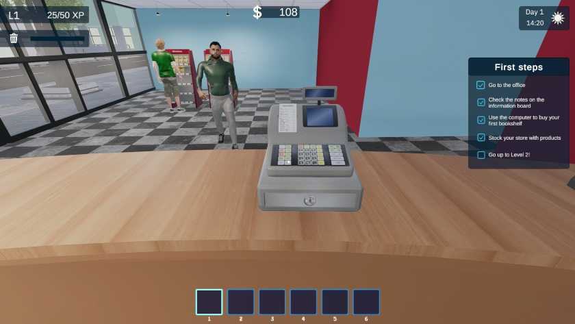 Standing at the cash register in Videoclub Simulator.