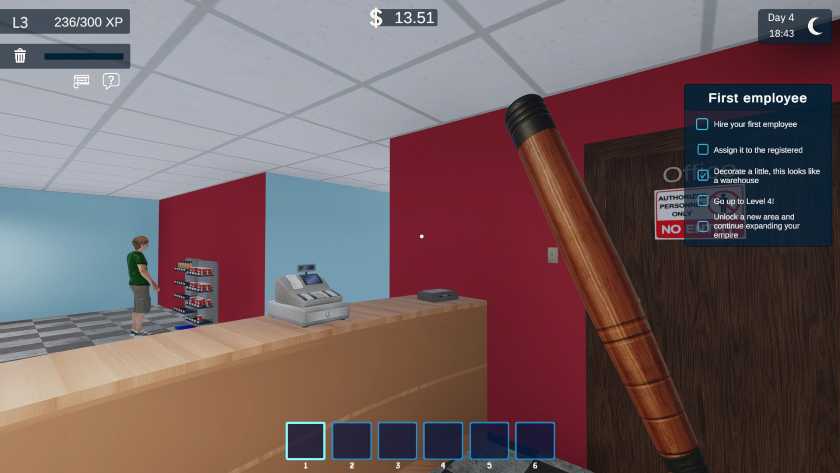 The main character is holding a bat behind the counter in Videoclub Simulator.