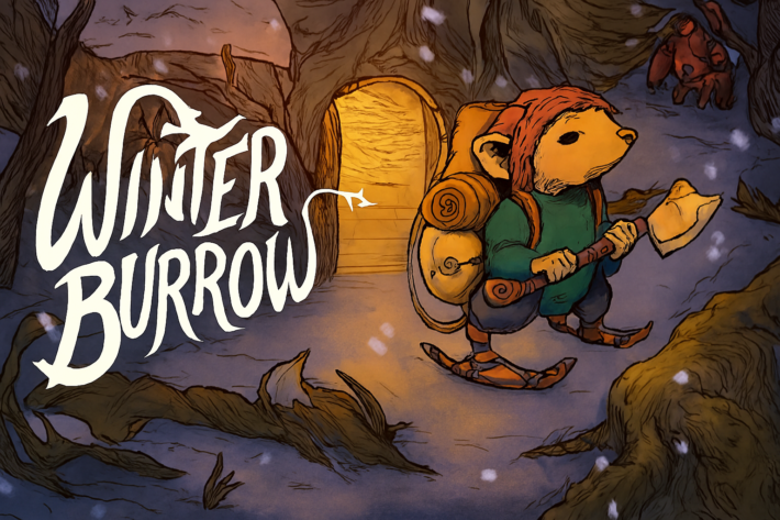 A small mouse character dressed in winter gear stands outside a warmly lit burrow entrance, holding a scroll. Snow-covered plants and ground surround the scene. The title “Winter Burrow” appears in vine-like lettering.