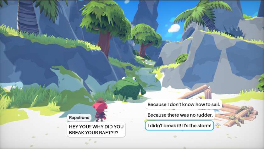 Two creatures on an island with multiple dialogue choices in Zitifono.