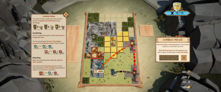 Drop Duchy: a combat screen where players must organize their military groups against the enemy groups