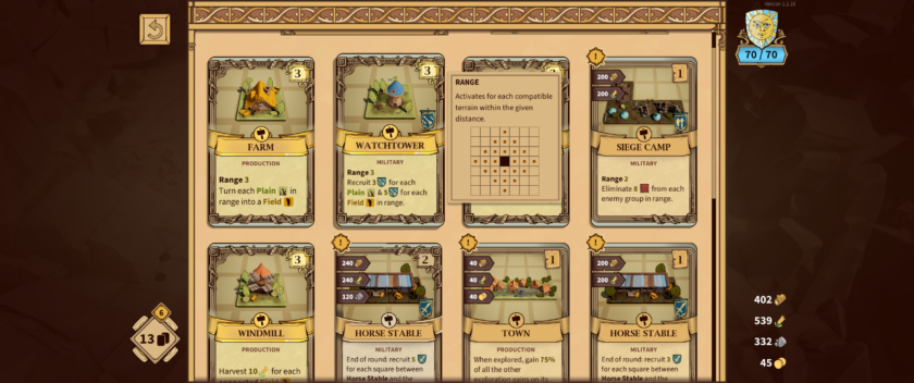 Drop Duchy: this screen shows the cards available in your deck including their effects and upgrade requirements