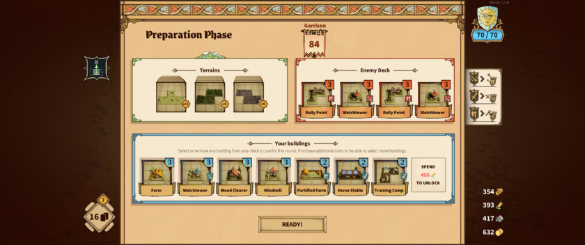 Drop Duchy: a preparation screen that shows which terrain types and enemy buildings are present as well as the player's current deck