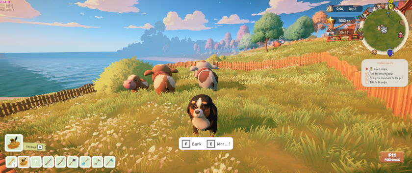 Everdream Village: the main character turns into a dog to lead three cows.