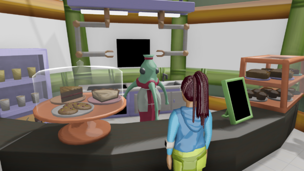 Conversation at the local bakery showing some delicious treats