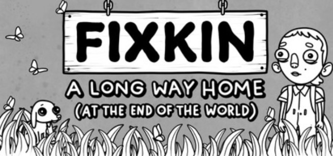 The word FIXKIN on a hanging sign above some grass with a boy and a dog also in the image.