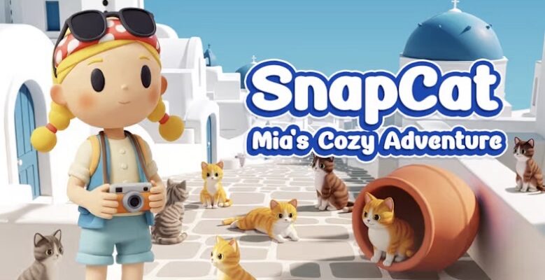 Promotional image for SnapCat: Mia's Cozy Adventure showing Mia, with a camera around her neck, and lots of cats in the background. Published on LadiesGamers.