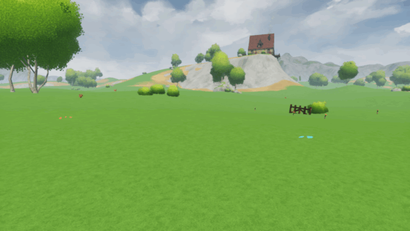 A bright colorful landscape with a cozy house on top of a hill in Kinsfolk.