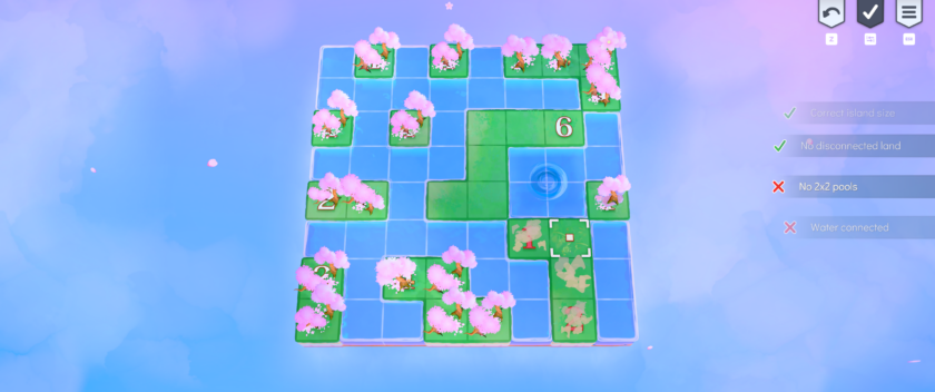 Nurikabe World: a larger 8x8 puzzle with hints on the right side, telling players which squares are illegal