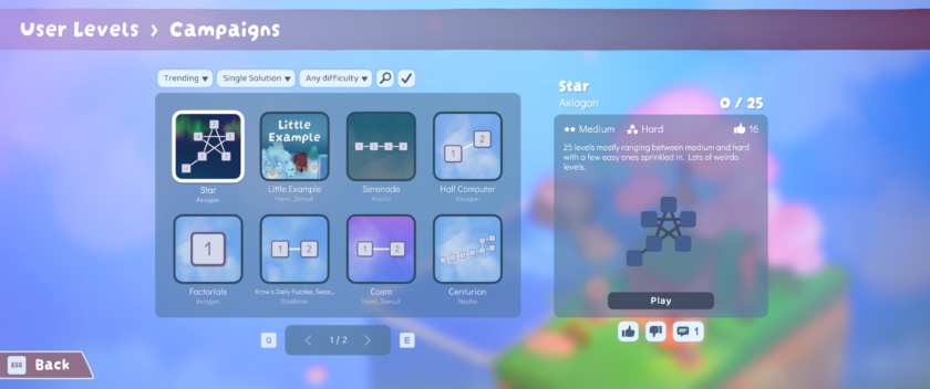 Nurikabe World: a directory of user created custom levels that players can sort by difficulty