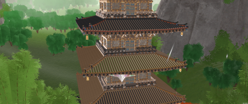 Paper Dawn Slumbering Wind: A traditional Asian tower with strange patterning on the walls