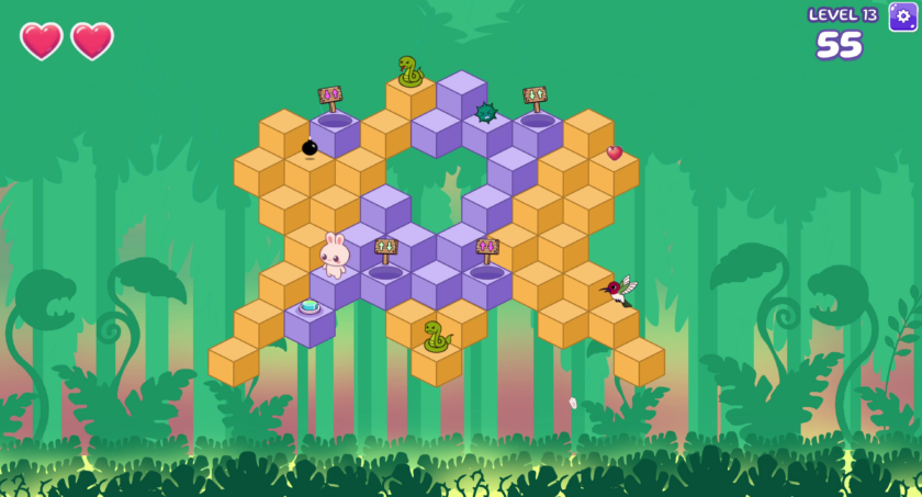 Bunny Hop Hop level showing Forest Biome with Bunny being chased by Snakes and Birds
