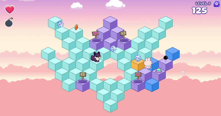 Large Bunny Hop Hop level showing various polluted blocks of different colours, fox enemy and ice rocks.
