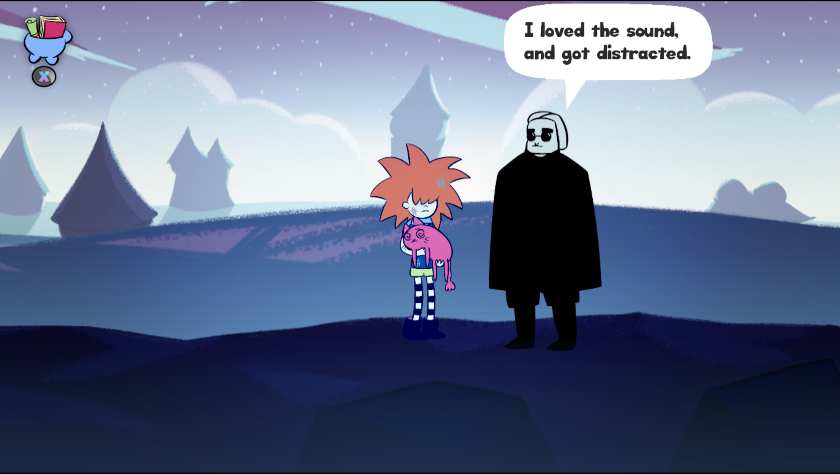 A girl talking with a creature in black in Apopia