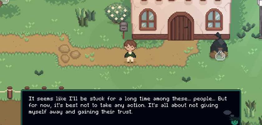 Pixel boy in front of a house in Shinehill