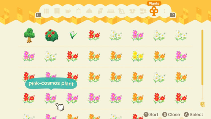 Screenshot for video game Animal Crossing New Horizons, storing trees and flowers, published on LadiesGamers.com