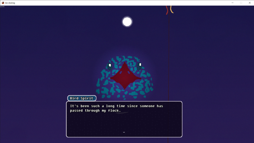 A nighttime scene from "An Aisling" features the abstract figure of the Bird Spirit, composed of blue geometric shapes with a red diamond-shaped beak, set against a dark sky with a glowing moon. A dialogue box at the bottom reads, “It’s been such a long time since someone has passed through my flock.”