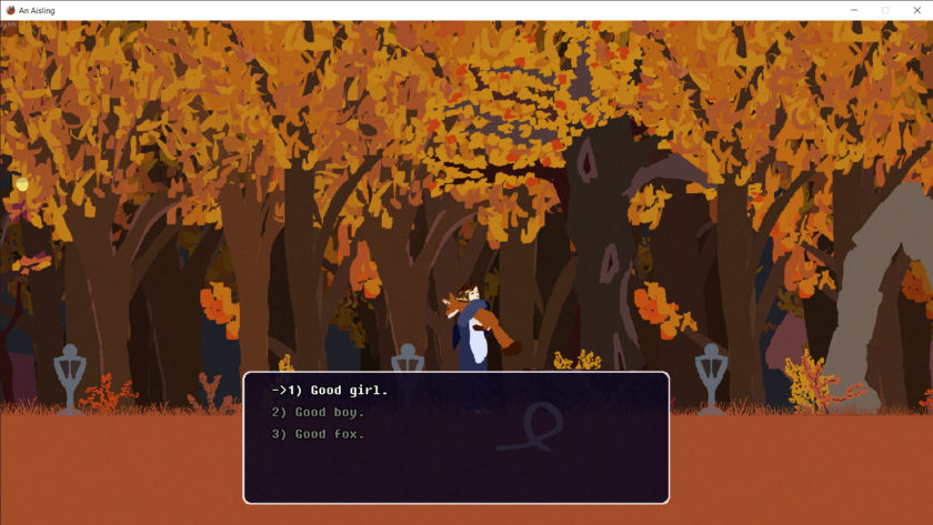 A warm-toned forest scene from "An Aisling" shows a character holding a fox amid autumn-colored trees and scattered leaves. Stone-like structures dot the forest floor, adding a sense of mystery. A dialogue box at the bottom offers three choices: "Good girl," "Good boy," and "Good fox," highlighting a narrative moment of affection or connection. The setting evokes a dreamlike, emotional atmosphere.