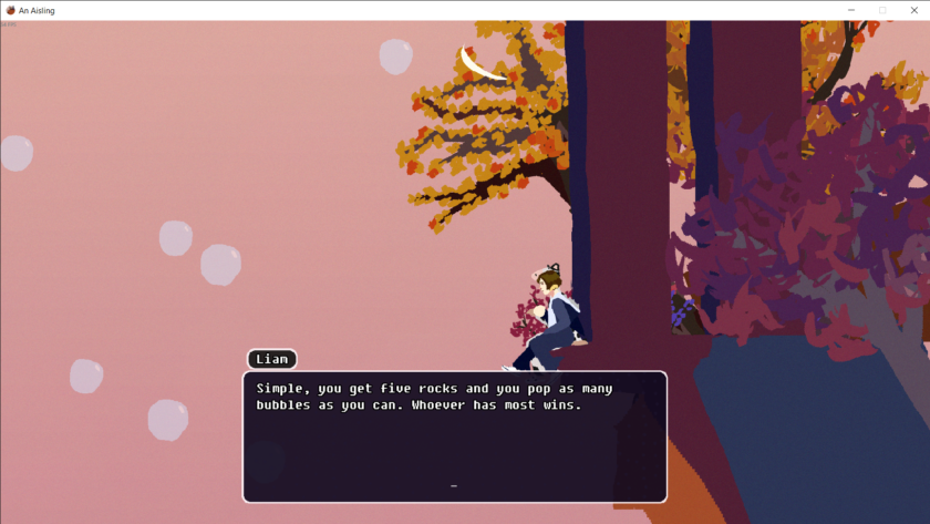 A stylized forest scene from "An Aisling" shows a character named Liam sitting on a tree branch surrounded by autumn foliage and a soft pink sky with floating bubbles. A dialogue box at the bottom displays Liam saying, “Simple, you get five rocks and you pop as many bubbles as you can. Whoever has most wins,” suggesting a whimsical in-game activity or mini-game.