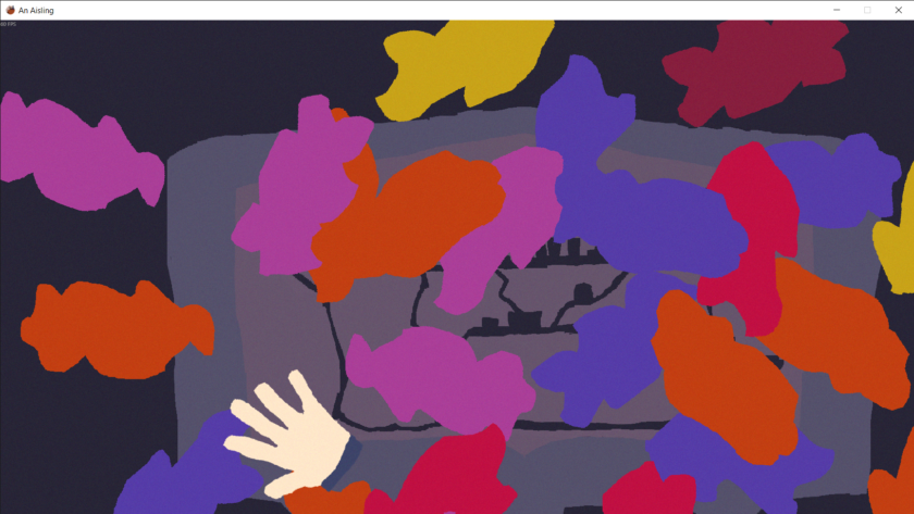 An abstract digital scene from "An Aisling" features a hand reaching toward a screen displaying a silhouetted cityscape. Surrounding the hand are vibrant, floating shapes resembling fish or leaves in red, orange, pink, purple, and yellow. Set against a dark background, the bright colors create a striking contrast. The top-left corner shows the game title and a frame rate indicator, suggesting an interactive or dreamlike moment within the game.
