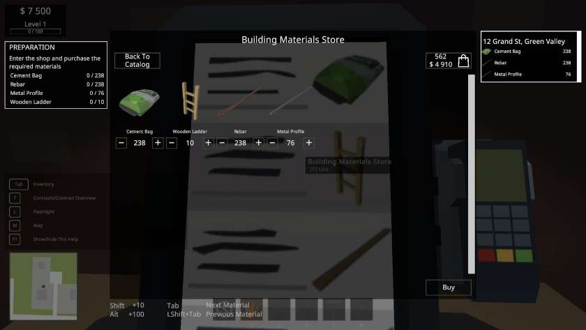 A store front has a bunch of building supplies in the cart in Bunker Constructor Simulator.