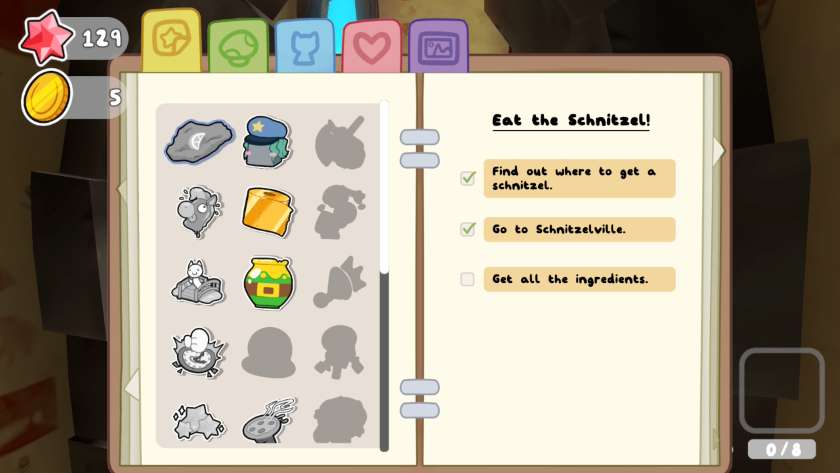 The journal open on the quest log, which has coloured stickers for completed quests and greyscale stickers for those still to complete. Published on LadiesGamers