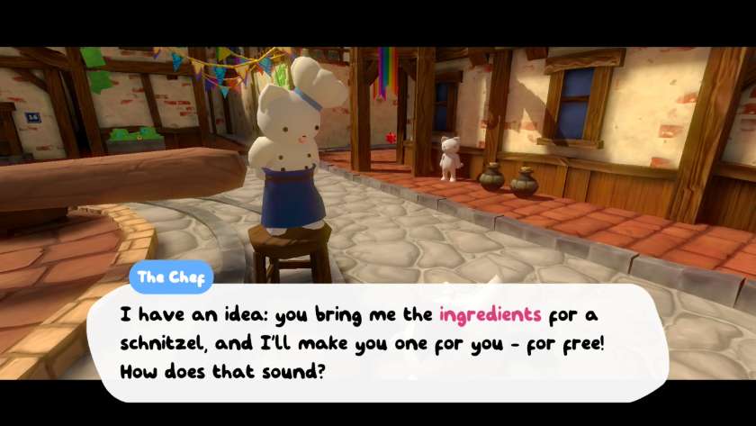 Chipflake talking to the Chef, who is saying “I have an idea: you bring me the ingredients for a schnitzel, and I'll make you one … for free! How does that sound?” Published on LadiesGamers