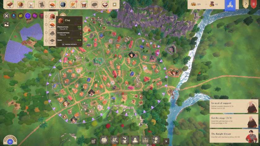 A city sprawls in a field in City Tales - Medieval Era, filled with citizens and buildings. A menu is open to show the amount of clay being produced and used.