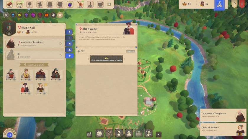 The companion menu is open, showing those who have quests for you to do in City Tales - Medieval Era.