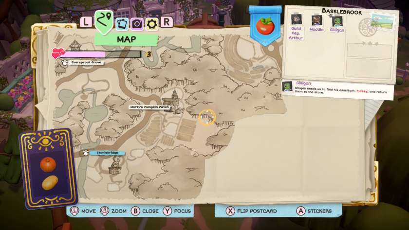 The map of Harvestvale, showing Stoniebridge and Morty's Pumpkin Patch, with a large unfilled area to the right. Published on LadiesGamers