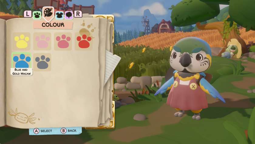 Customisation screen, showing the 6 different colours available for the parrot. Published on LadiesGamers