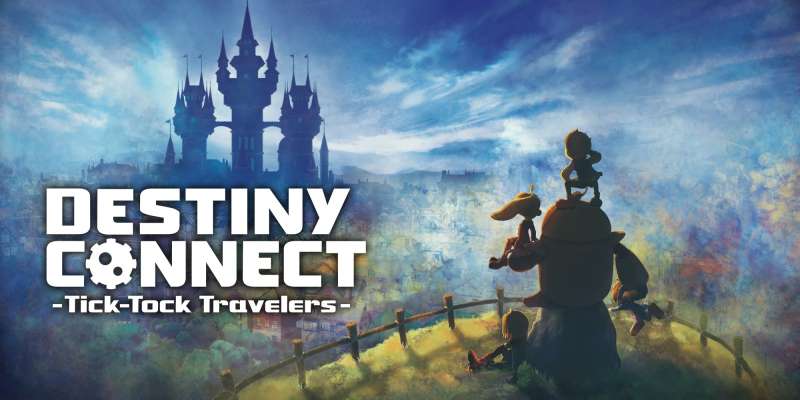 Promotional artwork for Destiny Connect Tick-Tock Travelers, showing the main characters looking over at a building in the distance. Published on LadiesGamers