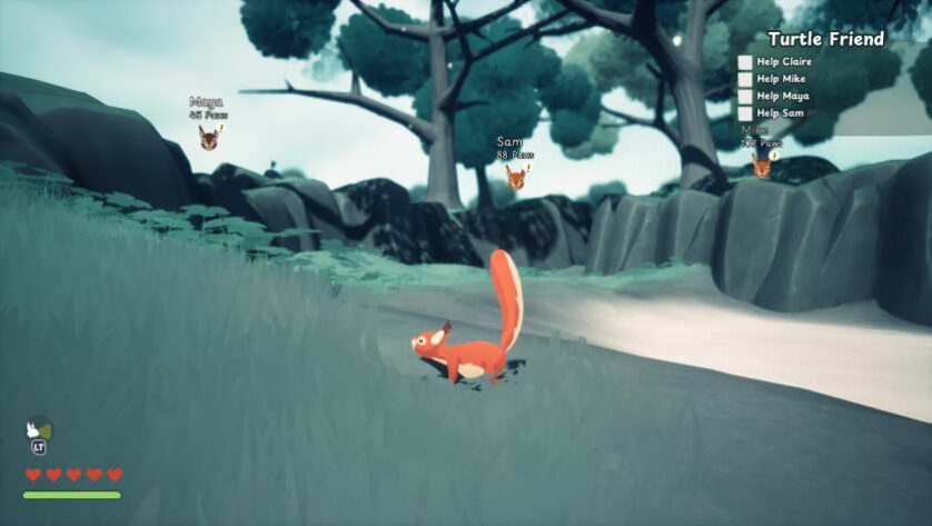 Black and white image of trees with full color squirrel in Squirreled Away